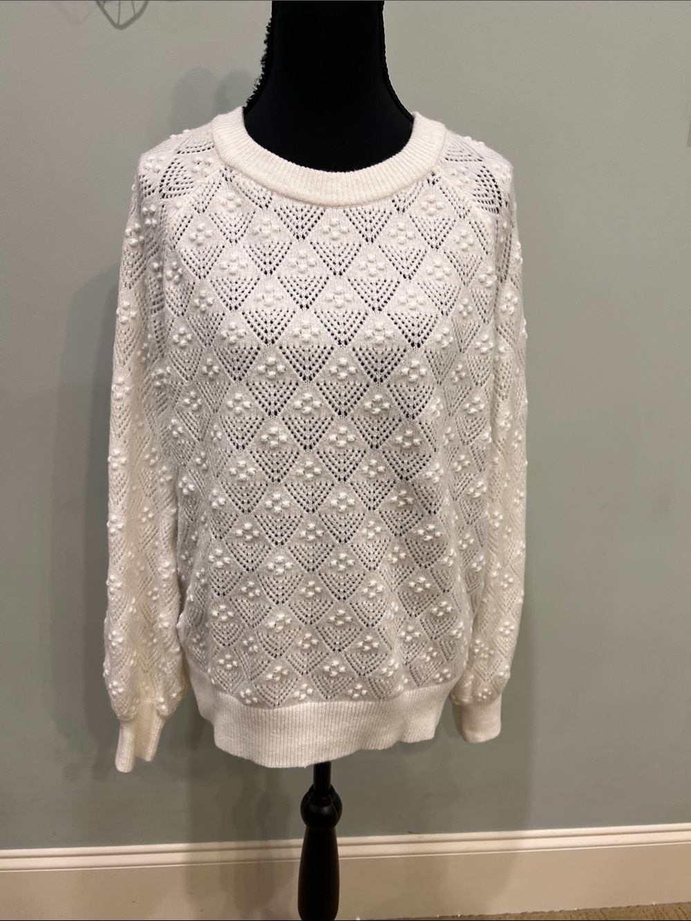 Market & Spruce Ivory Crewneck Diamond & Bobble Knit Sweater